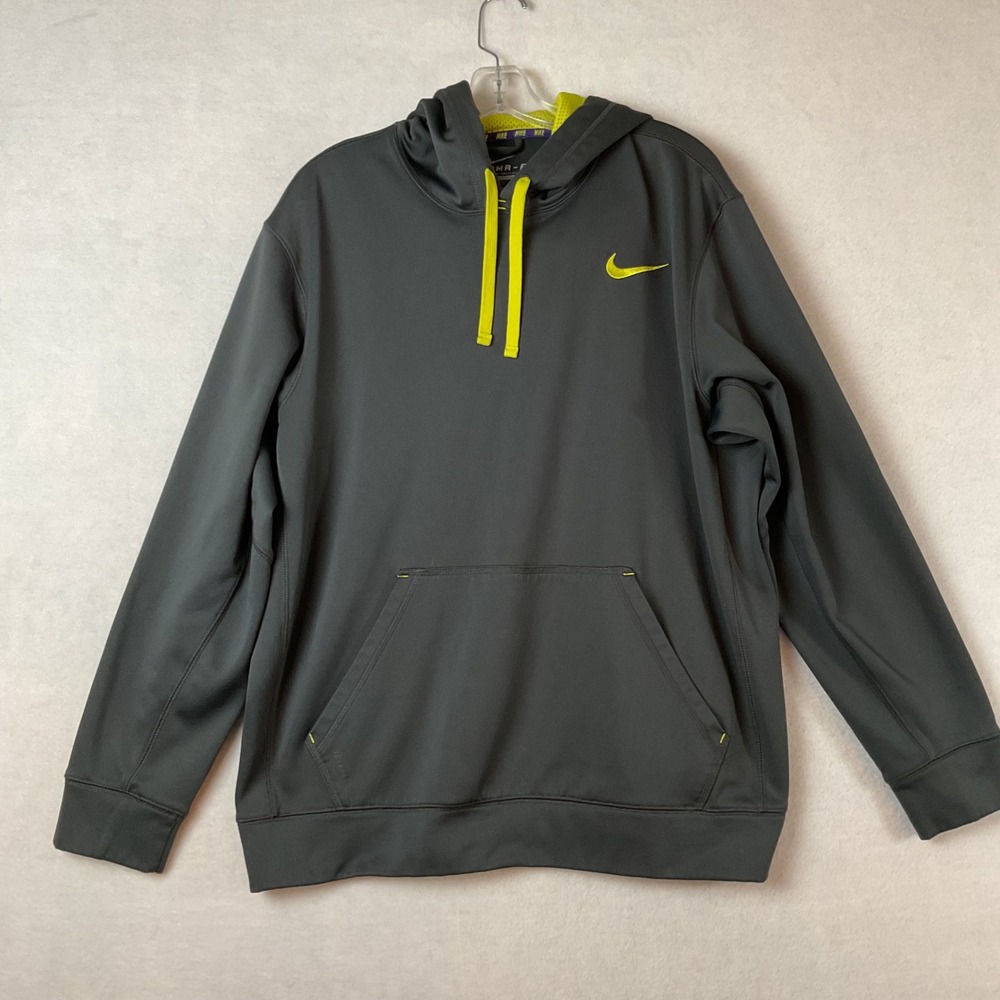 Nike Therma-FIT Pullover Hoodie Charcoal Gray Neon Yellow Mens XL Sweatshirt